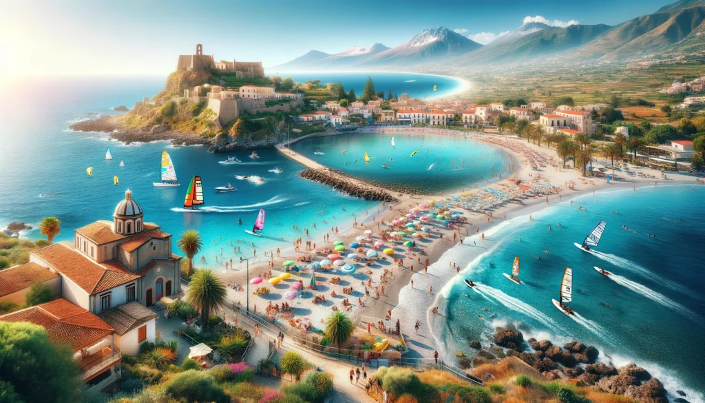 DALL·E 2024 04 22 21.10.01 A picturesque image capturing the essence of Giardini Naxos beaches showing a panoramic view of three distinct areas a family friendly beach with ch